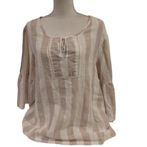 Ellen Tracy Women's Linen Shirt Size Bell Sleeve Stripe Cream Tan Beach Sz XL